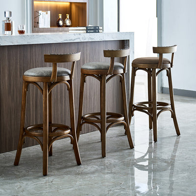 Traditional Vintage Round Solid Wood Faux Leather Bar Stool Backrest Armless For Dining Room