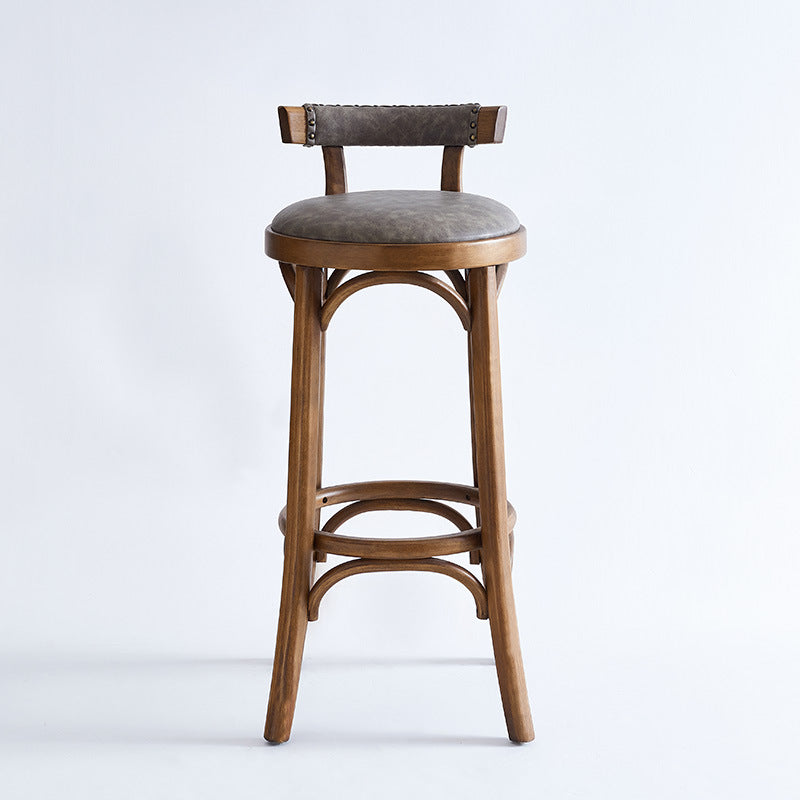 Klassischer runder Vintage-Barhocker aus Gummibaumholz und PU-Leder ohne Armlehnen mit Rückenlehne für das Esszimmer 
