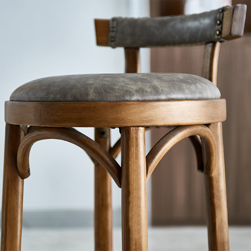 Klassischer runder Vintage-Barhocker aus Gummibaumholz und PU-Leder ohne Armlehnen mit Rückenlehne für das Esszimmer 