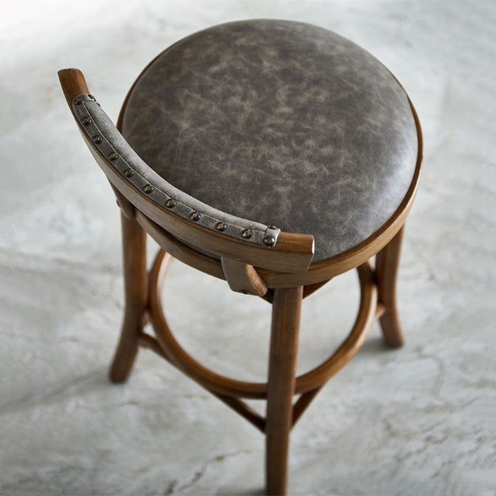 Klassischer runder Vintage-Barhocker aus Gummibaumholz und PU-Leder ohne Armlehnen mit Rückenlehne für das Esszimmer 