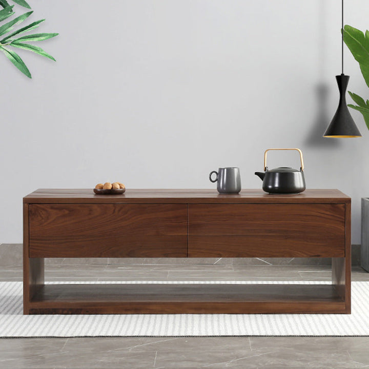 Mesa de centro rectangular moderna y minimalista de madera de nogal y paulownia con 4 cajones para salón 