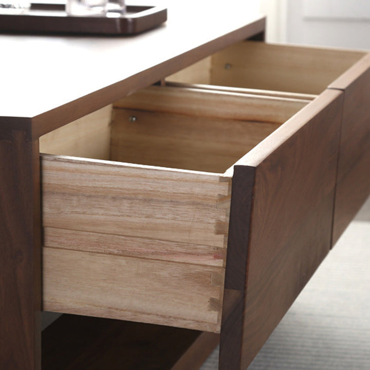 Mesa de centro rectangular moderna y minimalista de madera de nogal y paulownia con 4 cajones para salón 