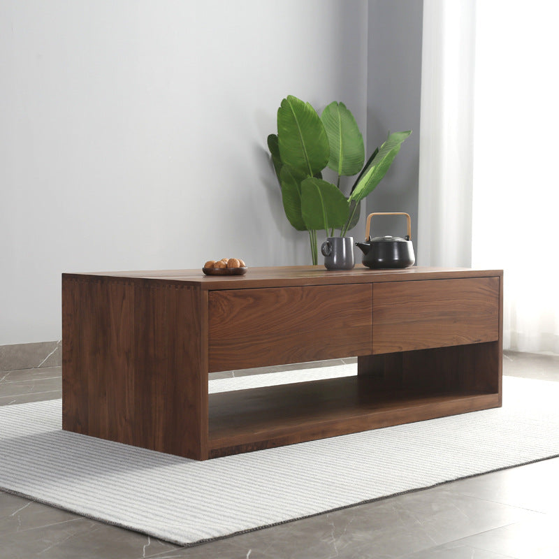 Mesa de centro rectangular moderna y minimalista de madera de nogal y paulownia con 4 cajones para salón 