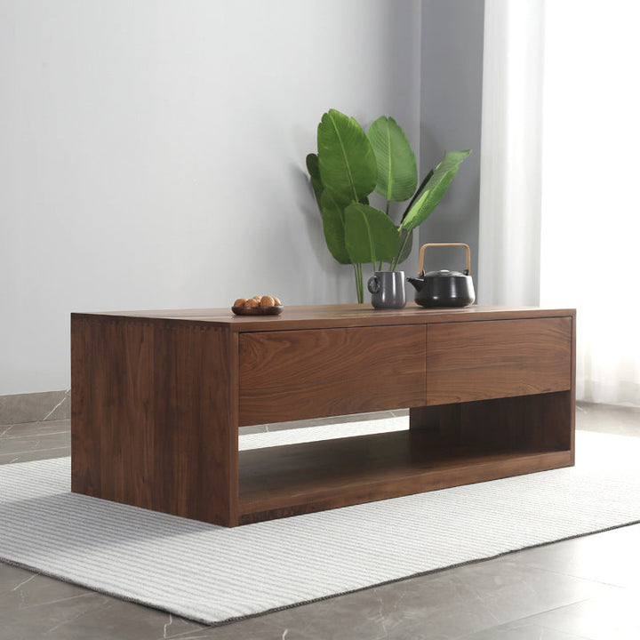 Mesa de centro rectangular moderna y minimalista de madera de nogal y paulownia con 4 cajones para salón 