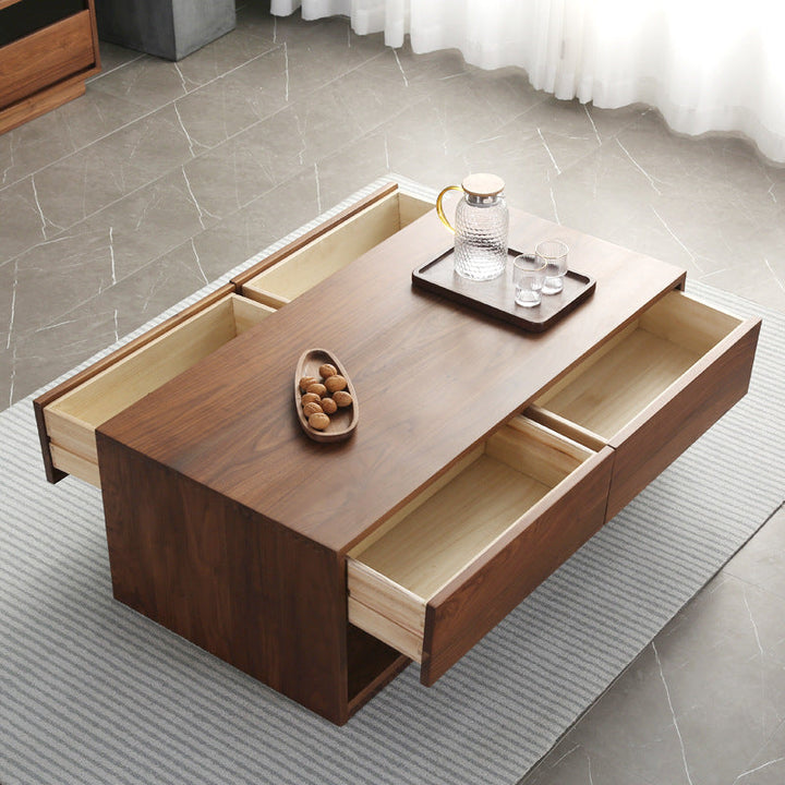 Mesa de centro rectangular moderna y minimalista de madera de nogal y paulownia con 4 cajones para salón 