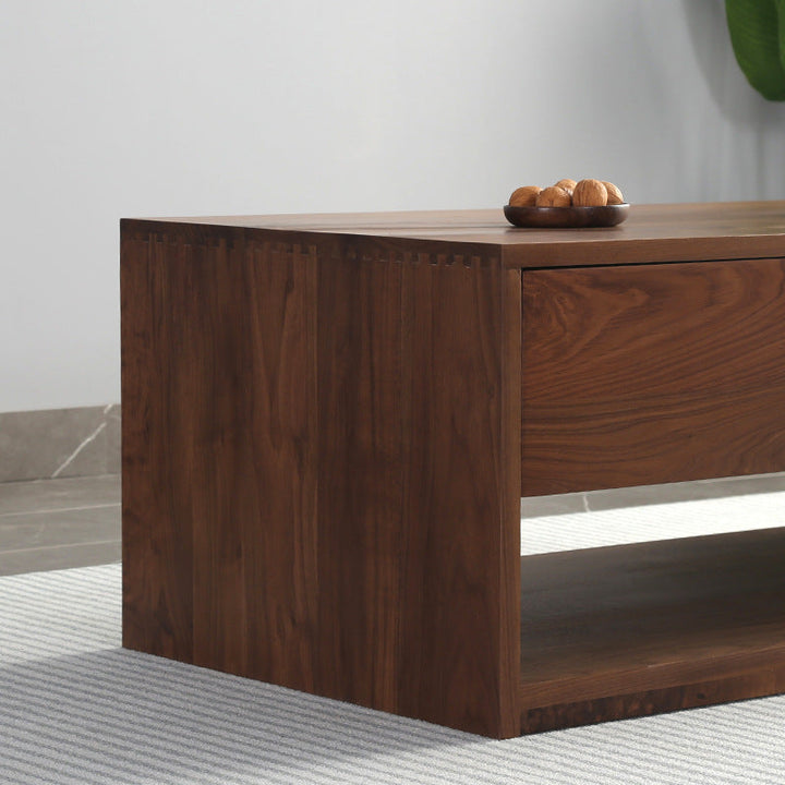 Mesa de centro rectangular moderna y minimalista de madera de nogal y paulownia con 4 cajones para salón 