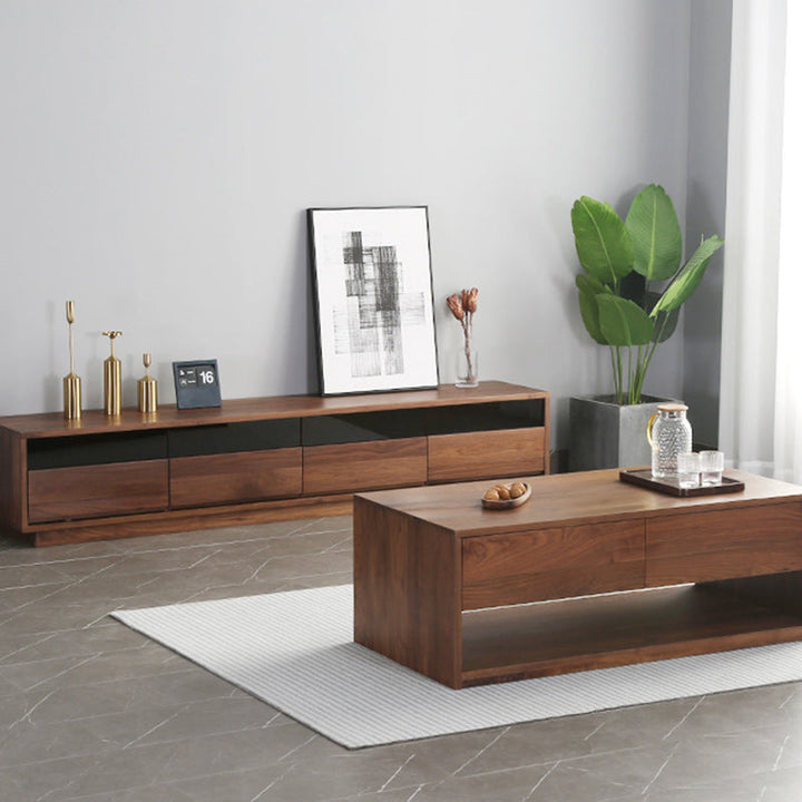 Mesa de centro rectangular moderna y minimalista de madera de nogal y paulownia con 4 cajones para salón 
