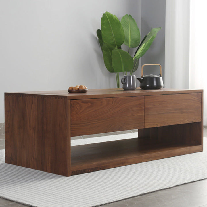 Mesa de centro rectangular moderna y minimalista de madera de nogal y paulownia con 4 cajones para salón 