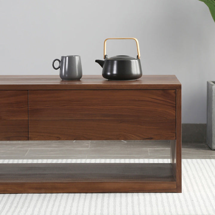 Mesa de centro rectangular moderna y minimalista de madera de nogal y paulownia con 4 cajones para salón 