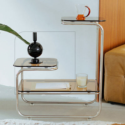 Table d'appoint en verre et fer géométrique Art Déco moderne à 3 niveaux pour salle à manger 