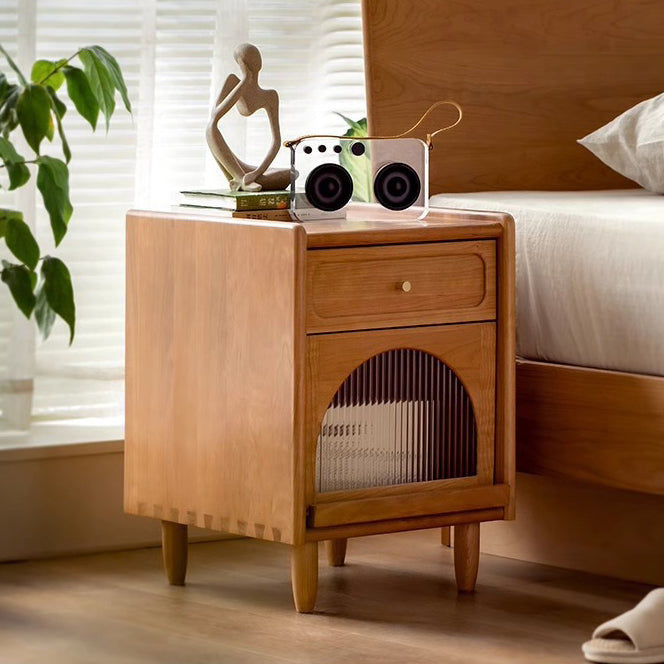 Contemporary Nordic Cubic Square Cherry Wood Glass Nightstand 1 - Drawer For Bedroom