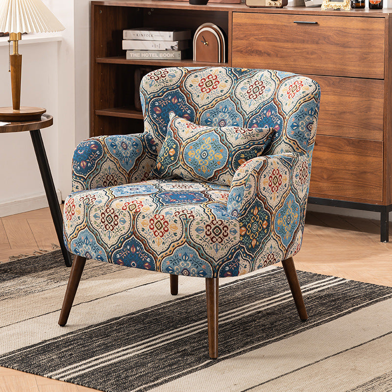 Traditional Vintage Rectangular Fabric Rubberwood Carbon Steel Accent Chair Backrest Armrest Footrest For Living Room