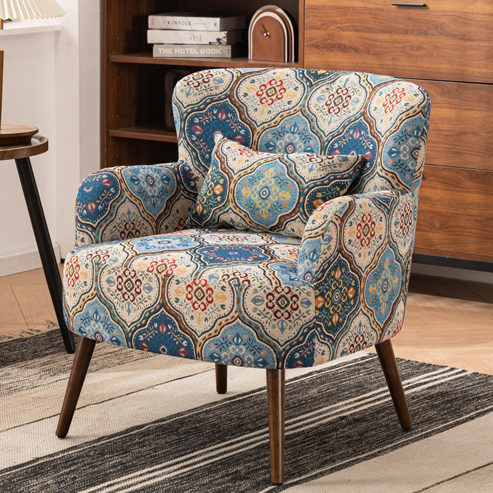 Traditional Vintage Rectangular Fabric Rubberwood Carbon Steel Accent Chair Backrest Armrest Footrest For Living Room
