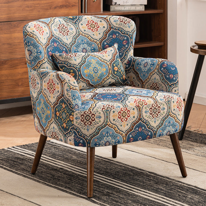 Traditional Vintage Rectangular Fabric Rubberwood Carbon Steel Accent Chair Backrest Armrest Footrest For Living Room