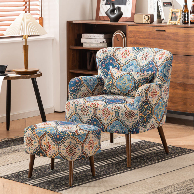Traditional Vintage Rectangular Fabric Rubberwood Carbon Steel Accent Chair Backrest Armrest Footrest For Living Room