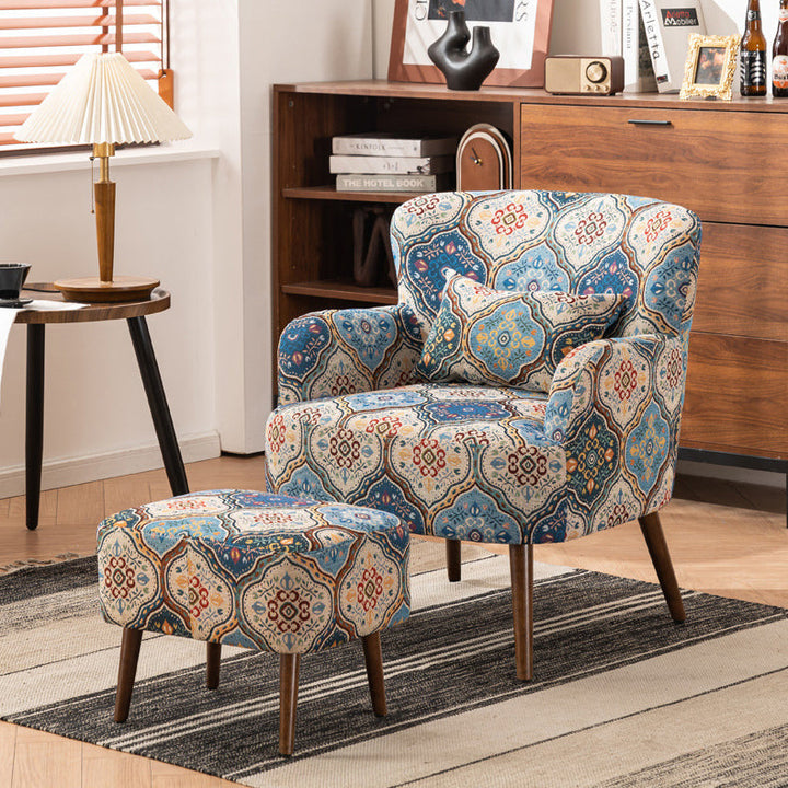 Traditional Vintage Rectangular Fabric Rubberwood Carbon Steel Accent Chair Backrest Armrest Footrest For Living Room
