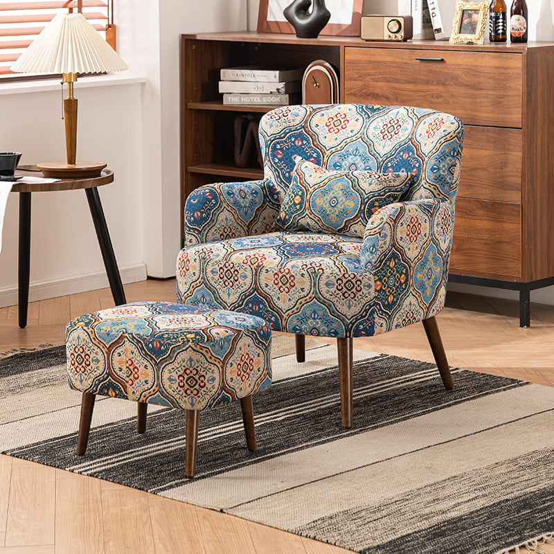 Traditional Vintage Rectangular Fabric Rubberwood Carbon Steel Accent Chair Backrest Armrest Footrest For Living Room
