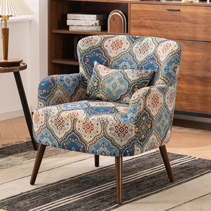 Traditional Vintage Rectangular Fabric Rubberwood Carbon Steel Accent Chair Backrest Armrest Footrest For Living Room