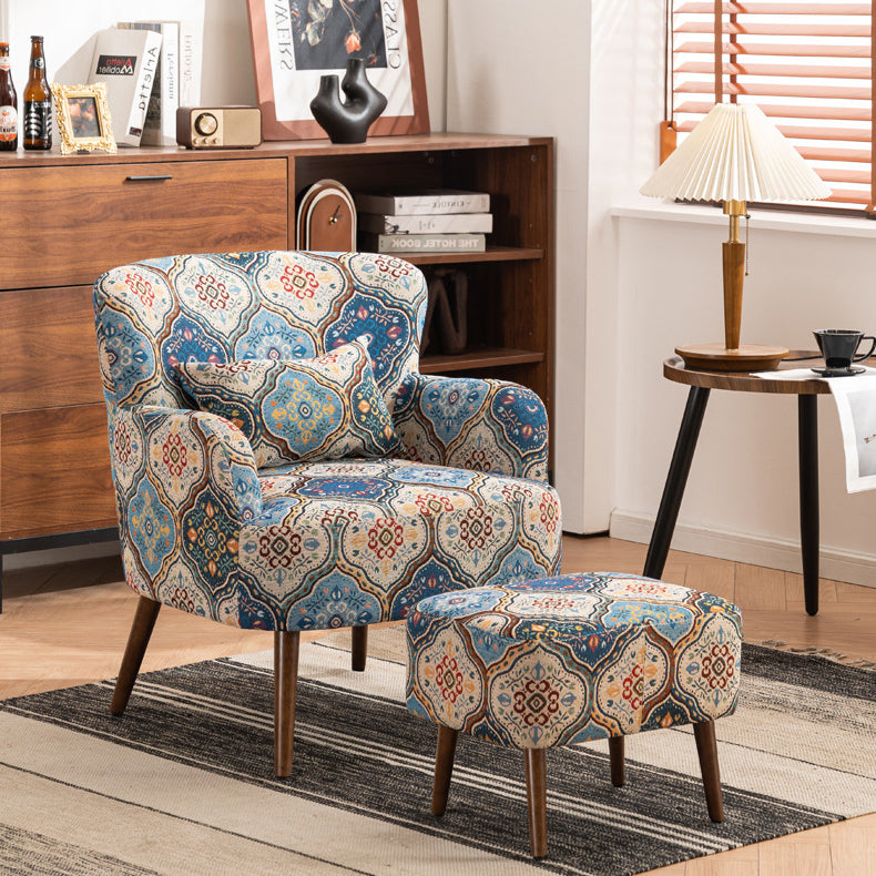 Traditional Vintage Rectangular Fabric Rubberwood Carbon Steel Accent Chair Backrest Armrest Footrest For Living Room
