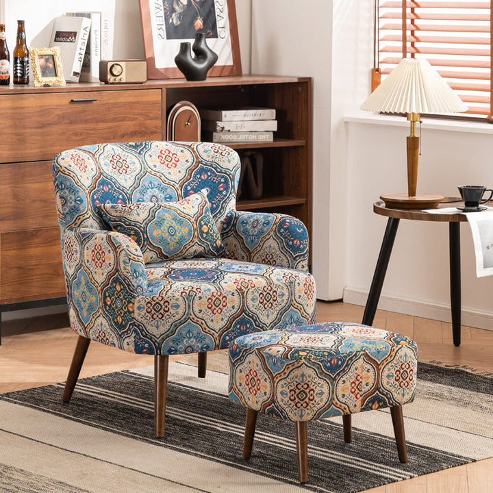 Traditional Vintage Rectangular Fabric Rubberwood Carbon Steel Accent Chair Backrest Armrest Footrest For Living Room