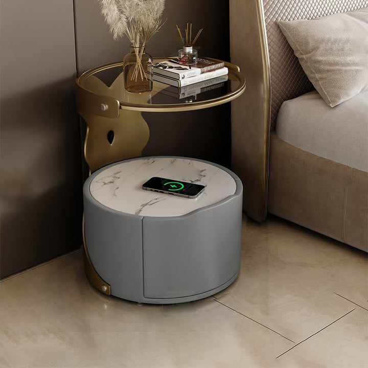 Moderner nordischer zylindrischer Nachttisch aus Mikrofaserleder, Karbonstahl, Sperrholz, Steinplatte und Glas mit 1 Schublade für das Schlafzimmer 