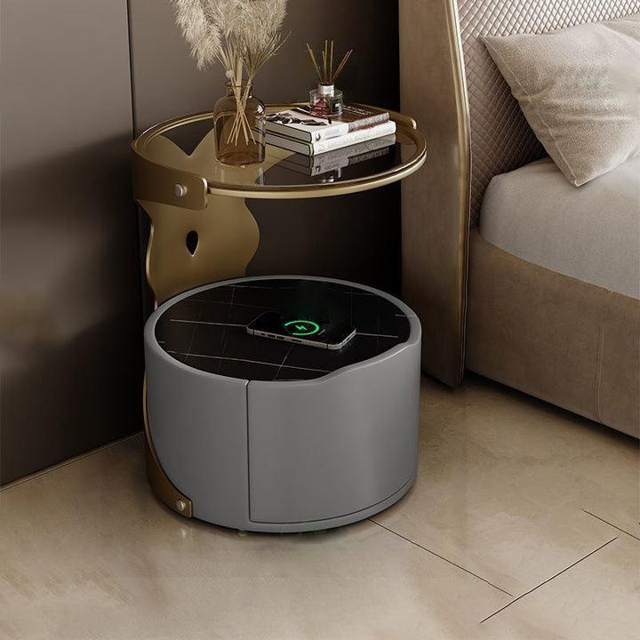 Moderner nordischer zylindrischer Nachttisch aus Mikrofaserleder, Karbonstahl, Sperrholz, Steinplatte und Glas mit 1 Schublade für das Schlafzimmer 
