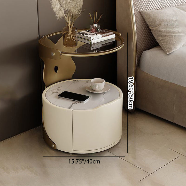 Moderner nordischer zylindrischer Nachttisch aus Mikrofaserleder, Karbonstahl, Sperrholz, Steinplatte und Glas mit 1 Schublade für das Schlafzimmer 