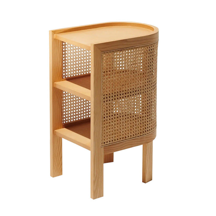 Traditioneller rustikaler zylindrischer Nachttisch aus Eschenholz und Rattan 2 – Schrank für das Schlafzimmer 