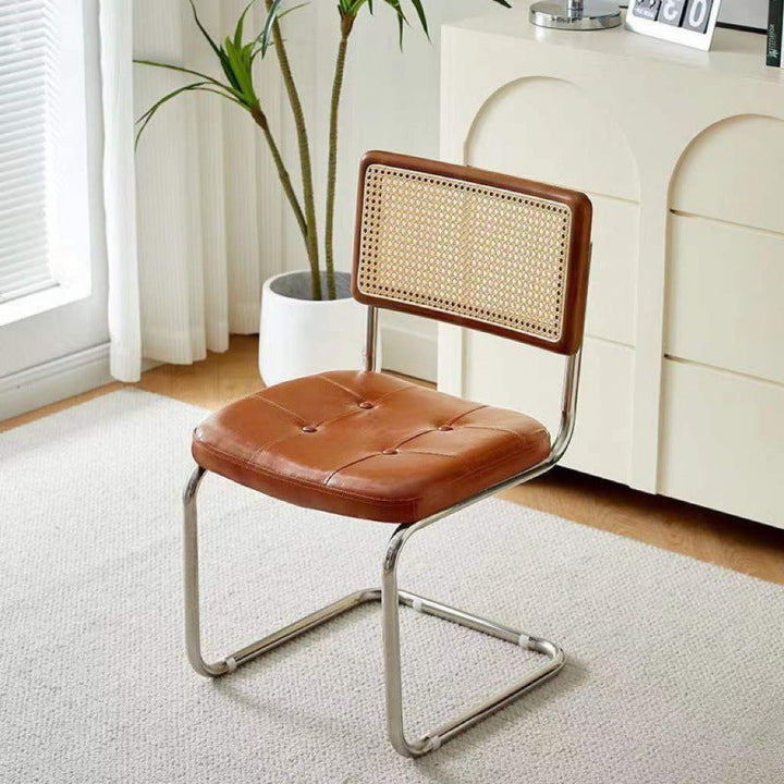 Contemporary Boho Square Synthetic Rattan Faux Oil-wax Leather PU Leather Top Grain Leather Contact Surface Pine Carbon Steel Dining Chair Backrest Armless For Dining Room