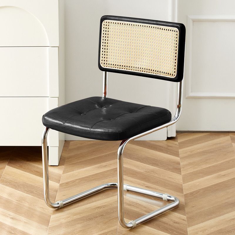 Contemporary Boho Square Synthetic Rattan Faux Oil-wax Leather PU Leather Top Grain Leather Contact Surface Pine Carbon Steel Dining Chair Backrest Armless For Dining Room