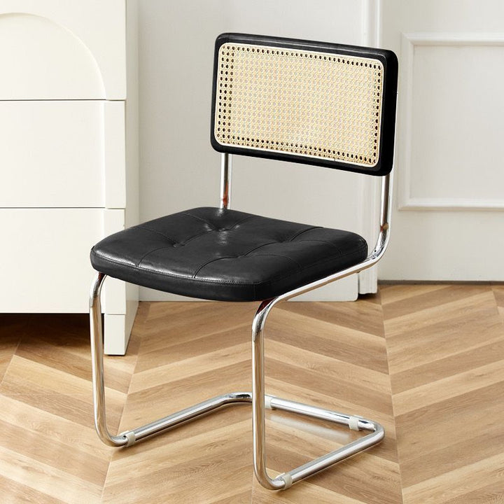 Contemporary Boho Square Synthetic Rattan Faux Oil-wax Leather PU Leather Top Grain Leather Contact Surface Pine Carbon Steel Dining Chair Backrest Armless For Dining Room