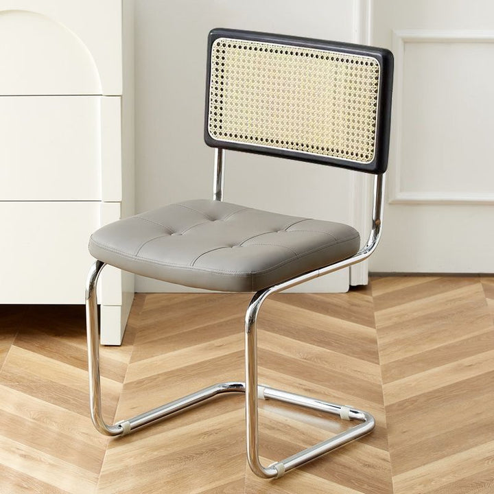 Contemporary Boho Square Synthetic Rattan Faux Oil-wax Leather PU Leather Top Grain Leather Contact Surface Pine Carbon Steel Dining Chair Backrest Armless For Dining Room