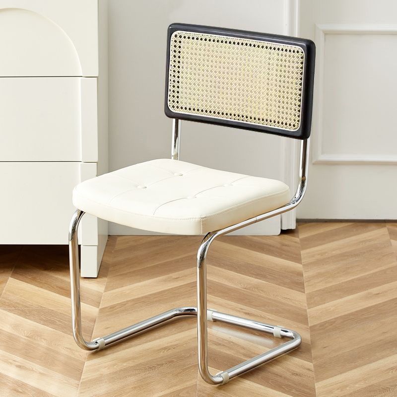Contemporary Boho Square Synthetic Rattan Faux Oil-wax Leather PU Leather Top Grain Leather Contact Surface Pine Carbon Steel Dining Chair Backrest Armless For Dining Room
