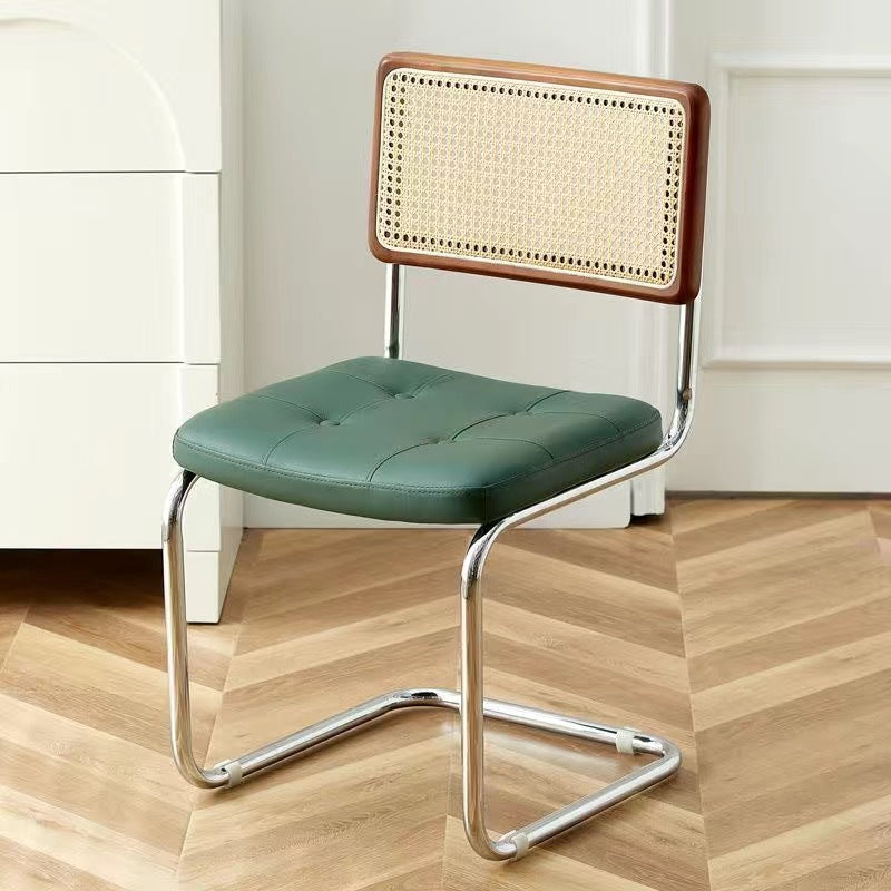 Contemporary Boho Square Synthetic Rattan Faux Oil-wax Leather PU Leather Top Grain Leather Contact Surface Pine Carbon Steel Dining Chair Backrest Armless For Dining Room
