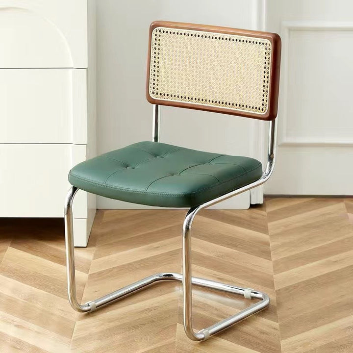 Contemporary Boho Square Synthetic Rattan Faux Oil-wax Leather PU Leather Top Grain Leather Contact Surface Pine Carbon Steel Dining Chair Backrest Armless For Dining Room