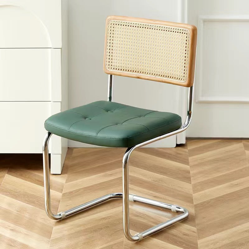 Contemporary Boho Square Synthetic Rattan Faux Oil-wax Leather PU Leather Top Grain Leather Contact Surface Pine Carbon Steel Dining Chair Backrest Armless For Dining Room