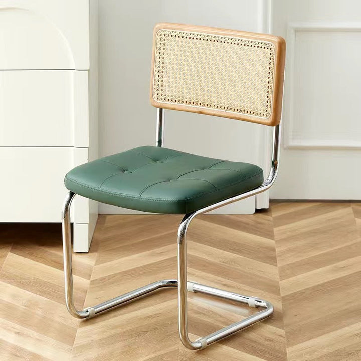 Contemporary Boho Square Synthetic Rattan Faux Oil-wax Leather PU Leather Top Grain Leather Contact Surface Pine Carbon Steel Dining Chair Backrest Armless For Dining Room