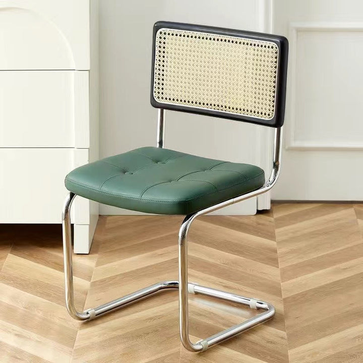 Contemporary Boho Square Synthetic Rattan Faux Oil-wax Leather PU Leather Top Grain Leather Contact Surface Pine Carbon Steel Dining Chair Backrest Armless For Dining Room