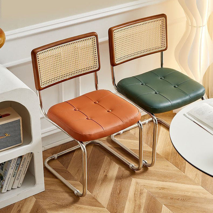 Contemporary Boho Square Synthetic Rattan Faux Oil-wax Leather PU Leather Top Grain Leather Contact Surface Pine Carbon Steel Dining Chair Backrest Armless For Dining Room