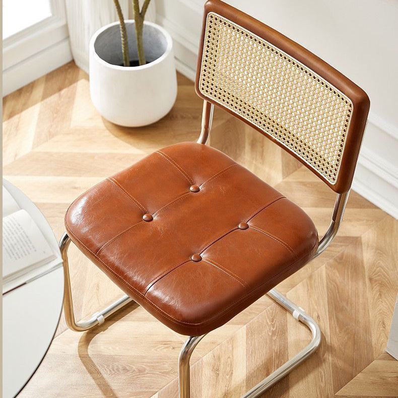 Contemporary Boho Square Synthetic Rattan Faux Oil-wax Leather PU Leather Top Grain Leather Contact Surface Pine Carbon Steel Dining Chair Backrest Armless For Dining Room