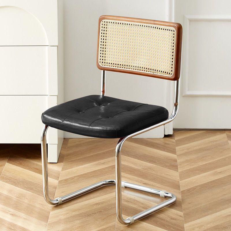 Contemporary Boho Square Synthetic Rattan Faux Oil-wax Leather PU Leather Top Grain Leather Contact Surface Pine Carbon Steel Dining Chair Backrest Armless For Dining Room