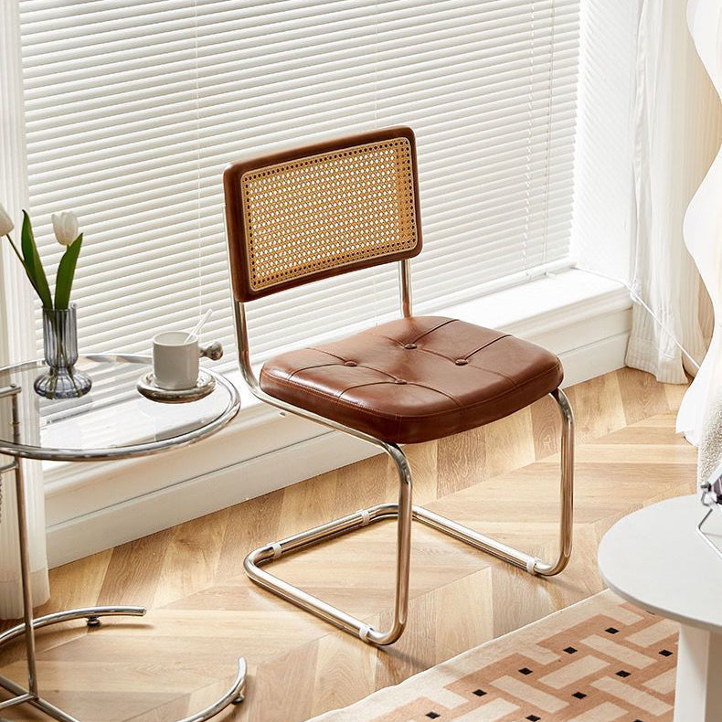 Contemporary Boho Square Synthetic Rattan Faux Oil-wax Leather PU Leather Top Grain Leather Contact Surface Pine Carbon Steel Dining Chair Backrest Armless For Dining Room
