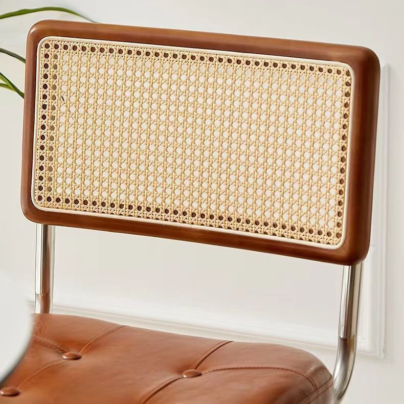 Contemporary Boho Square Synthetic Rattan Faux Oil-wax Leather PU Leather Top Grain Leather Contact Surface Pine Carbon Steel Dining Chair Backrest Armless For Dining Room