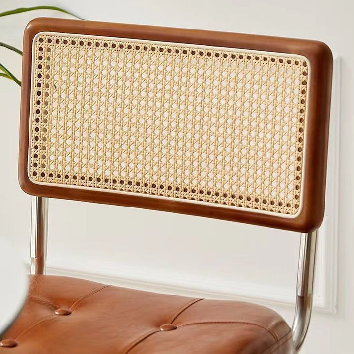 Contemporary Boho Square Synthetic Rattan Faux Oil-wax Leather PU Leather Top Grain Leather Contact Surface Pine Carbon Steel Dining Chair Backrest Armless For Dining Room