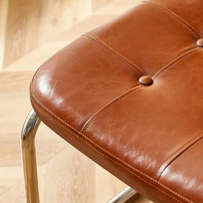Contemporary Boho Square Synthetic Rattan Faux Oil-wax Leather PU Leather Top Grain Leather Contact Surface Pine Carbon Steel Dining Chair Backrest Armless For Dining Room