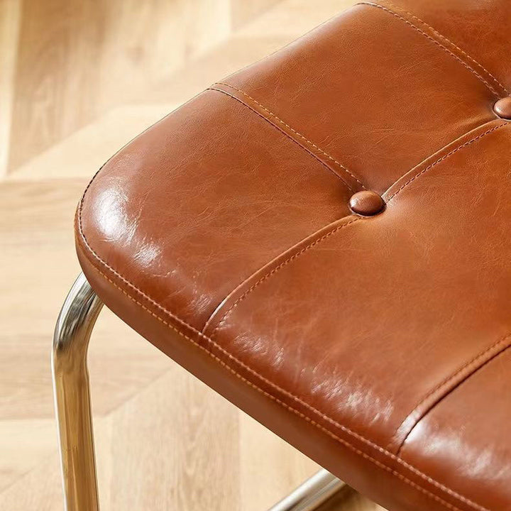 Contemporary Boho Square Synthetic Rattan Faux Oil-wax Leather PU Leather Top Grain Leather Contact Surface Pine Carbon Steel Dining Chair Backrest Armless For Dining Room