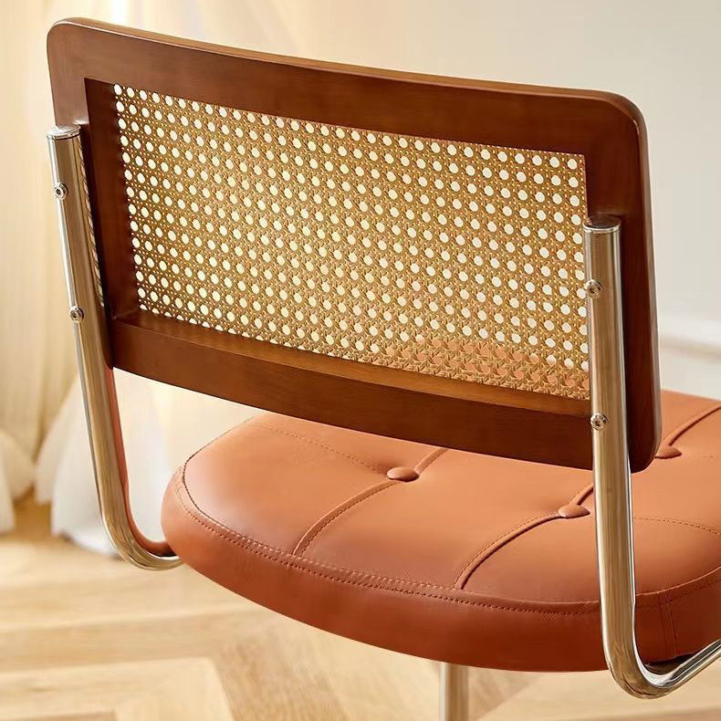 Contemporary Boho Square Synthetic Rattan Faux Oil-wax Leather PU Leather Top Grain Leather Contact Surface Pine Carbon Steel Dining Chair Backrest Armless For Dining Room