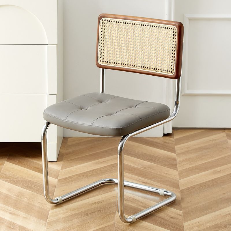 Contemporary Boho Square Synthetic Rattan Faux Oil-wax Leather PU Leather Top Grain Leather Contact Surface Pine Carbon Steel Dining Chair Backrest Armless For Dining Room