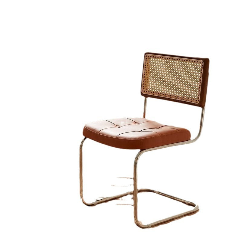 Contemporary Boho Square Synthetic Rattan Faux Oil-wax Leather PU Leather Top Grain Leather Contact Surface Pine Carbon Steel Dining Chair Backrest Armless For Dining Room