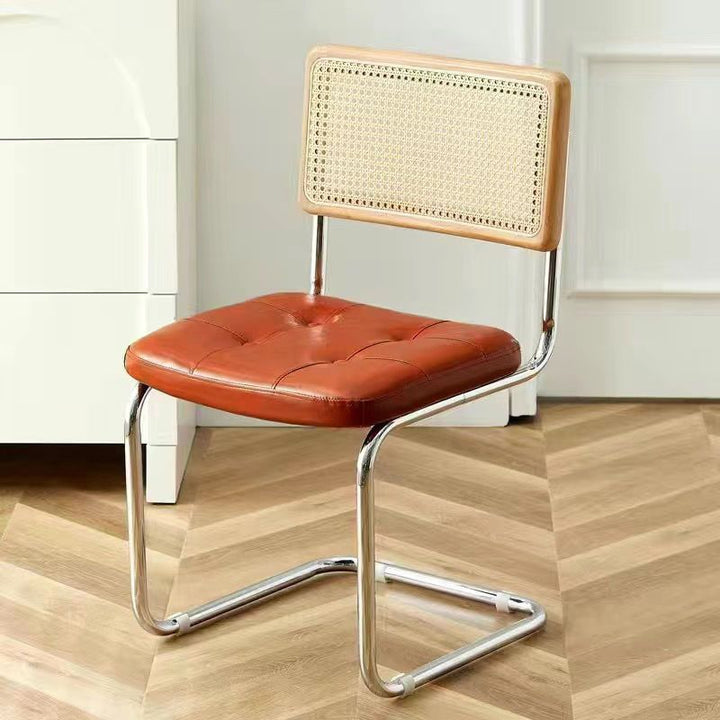 Contemporary Boho Square Synthetic Rattan Faux Oil-wax Leather PU Leather Top Grain Leather Contact Surface Pine Carbon Steel Dining Chair Backrest Armless For Dining Room